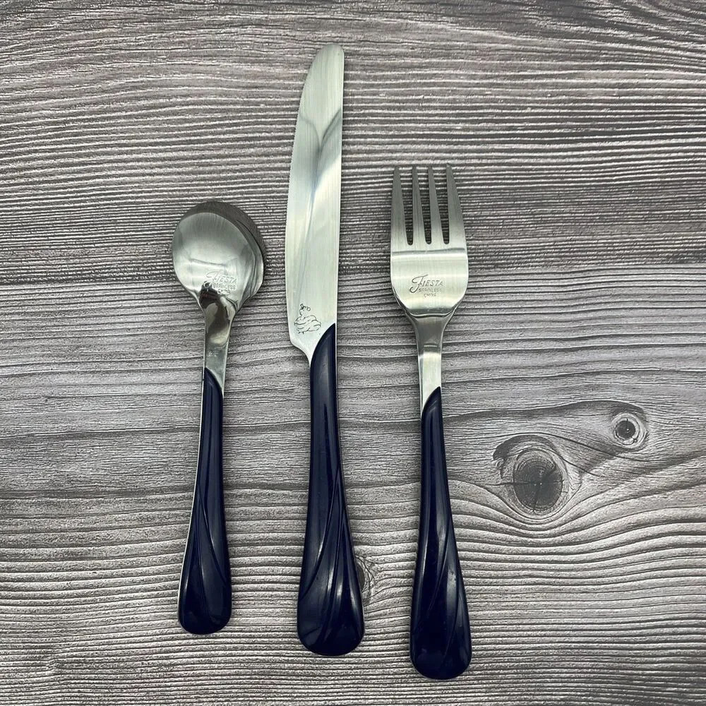 Fiesta Swirl Flatware Silverware 3 Piece Set Stainless 1990s - Blue Dark Navy